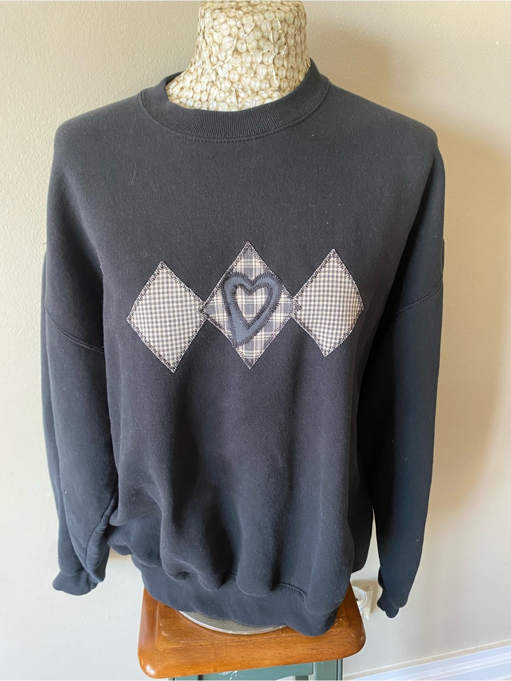 Y2K Granny Core Crewneck with Plaid Diamond Heart Applique